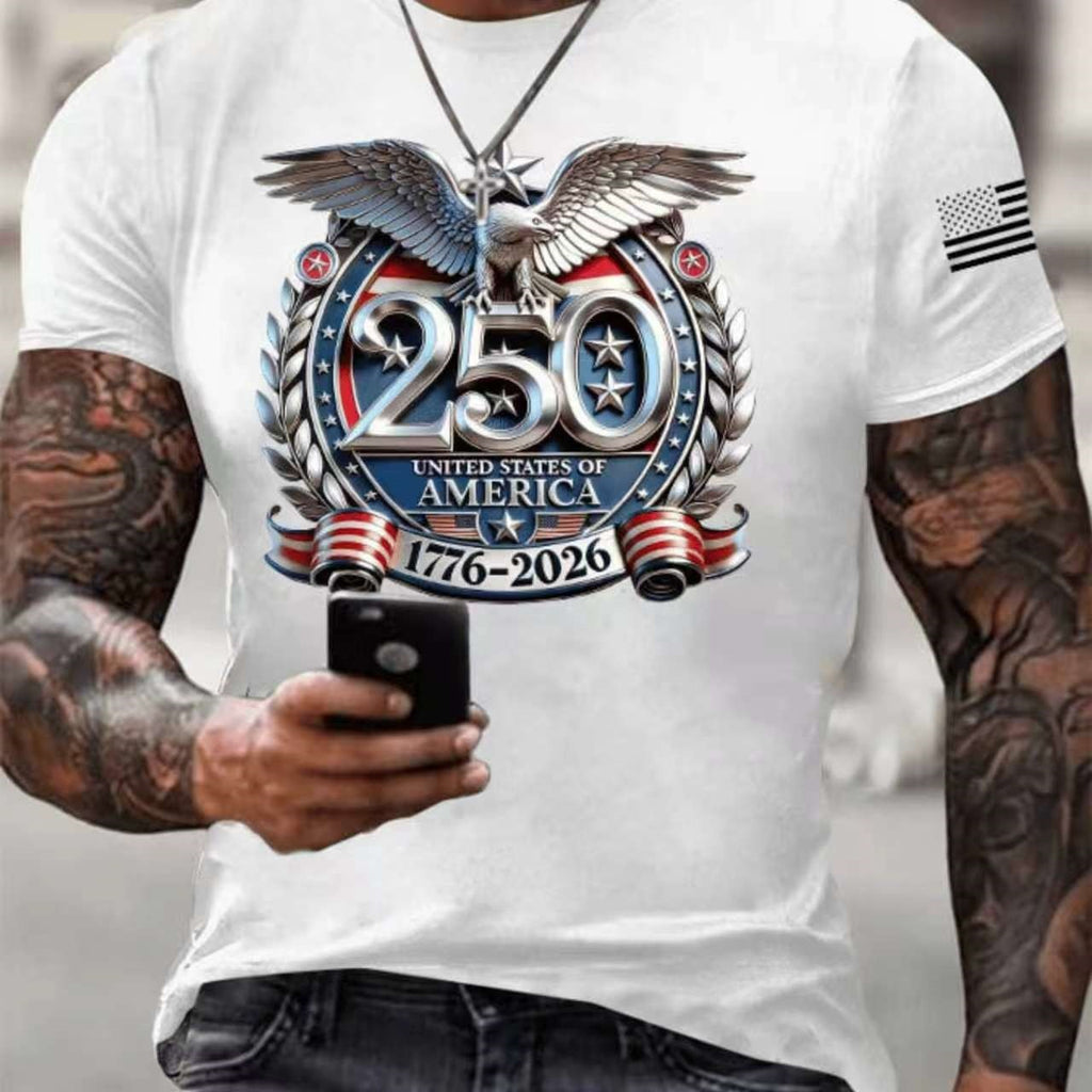 250 Years USA Eagle Crest 1776 2026 Mens Patriotic Short Sleeve Graphic T-Shirt