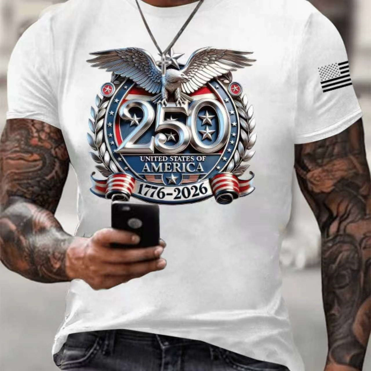 250 Years USA Eagle Crest 1776 2026 Mens Patriotic Short Sleeve Graphic T-Shirt
