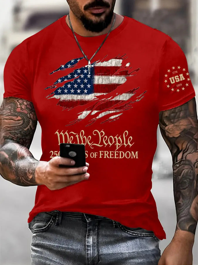 Red USA EST 1776 Star Print Mens Patriotic Casual Short Sleeve Crew T-Shirt