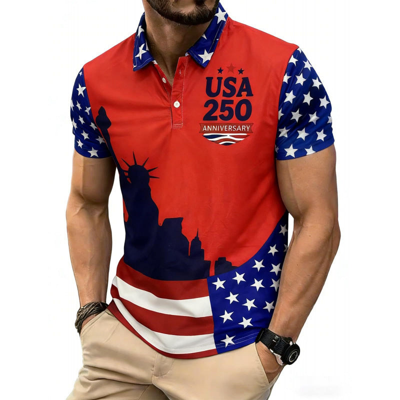 Abstract Paint US Flag Pattern Men Patriotic Casual Short Sleeve Polo Shirt