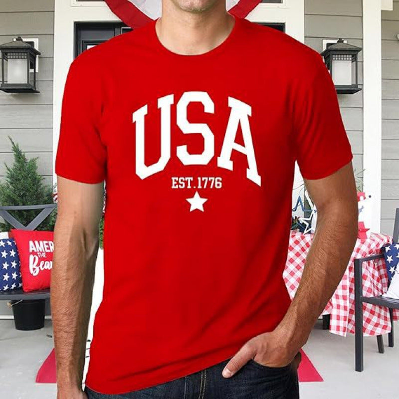 Red USA Embroidery Flag Sleeve Mens Short Sleeve Polo Shirt American Patriotic Top