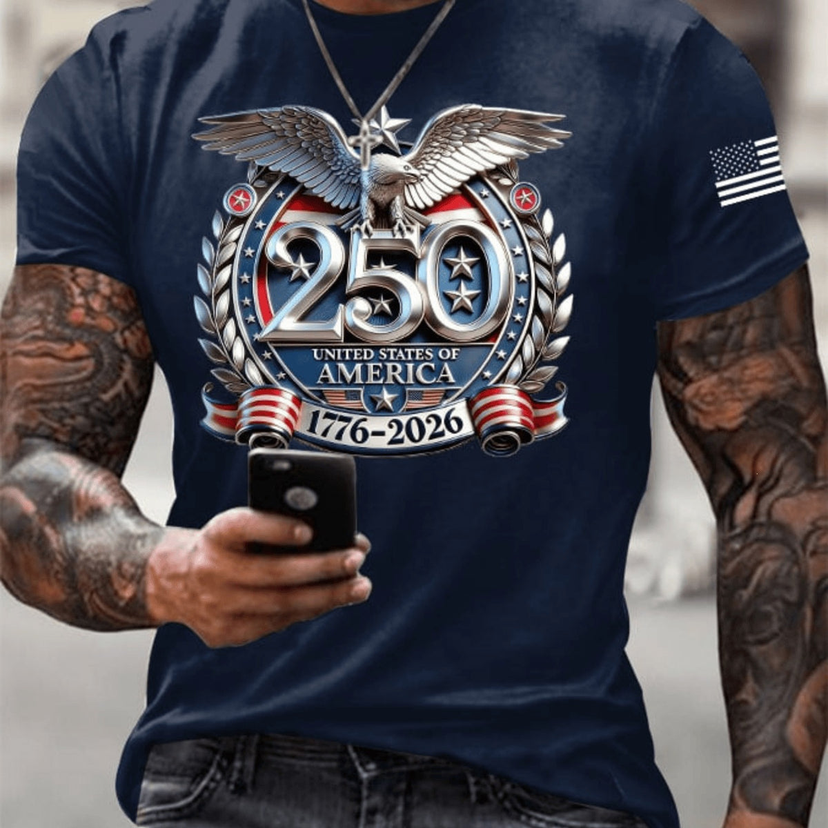 Classic Vintage US Flag Dark Heather Men Daily Patriotic Short Sleeve Tee
