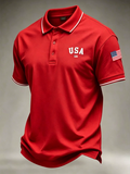 Red Polo Shirt USA Embroidery With American Flag On Sleeve Men Patriotic Top